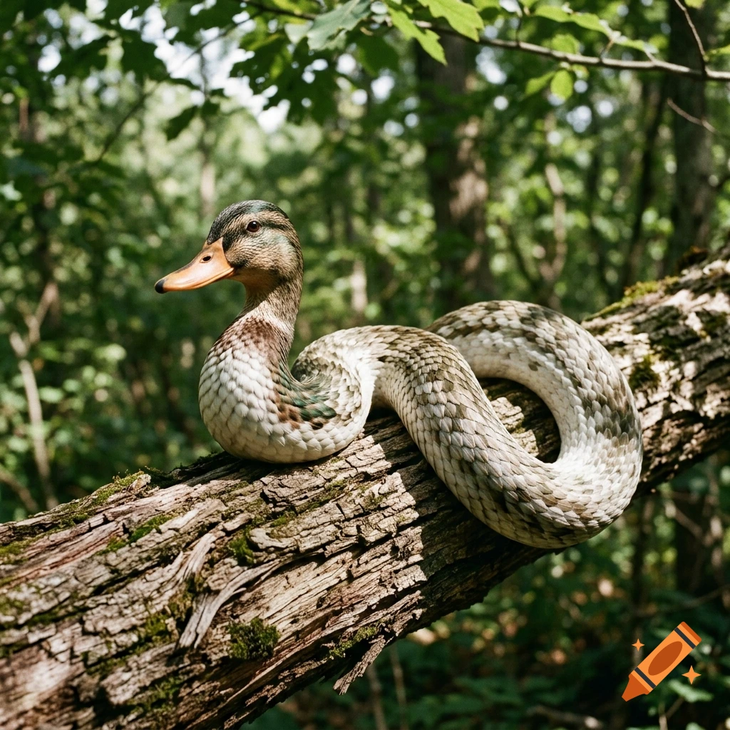 A surreal creature with the head and neck of a duck and the scaled, serpentine body of a snake rests on a mossy tree branch in a forest.