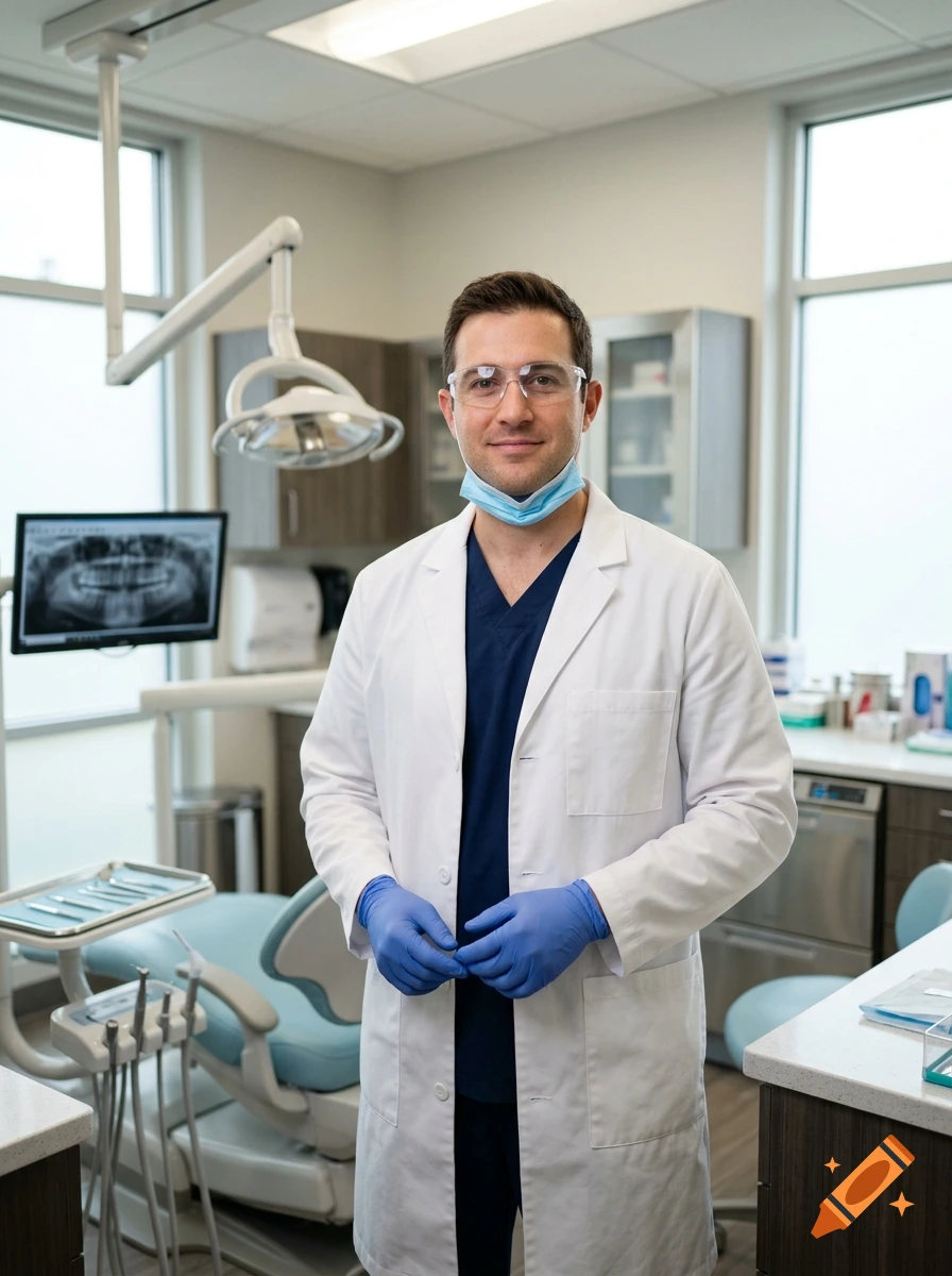Photorealistic portrait of a male dentist wearing a white coat and blue scrubs in a modern dental office.