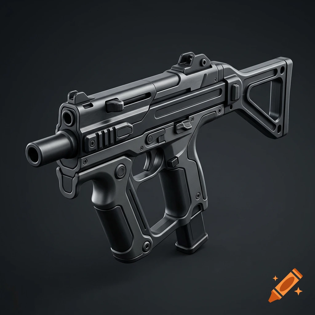 A 3D render of a compact futuristic submachine gun in black against a dark background.