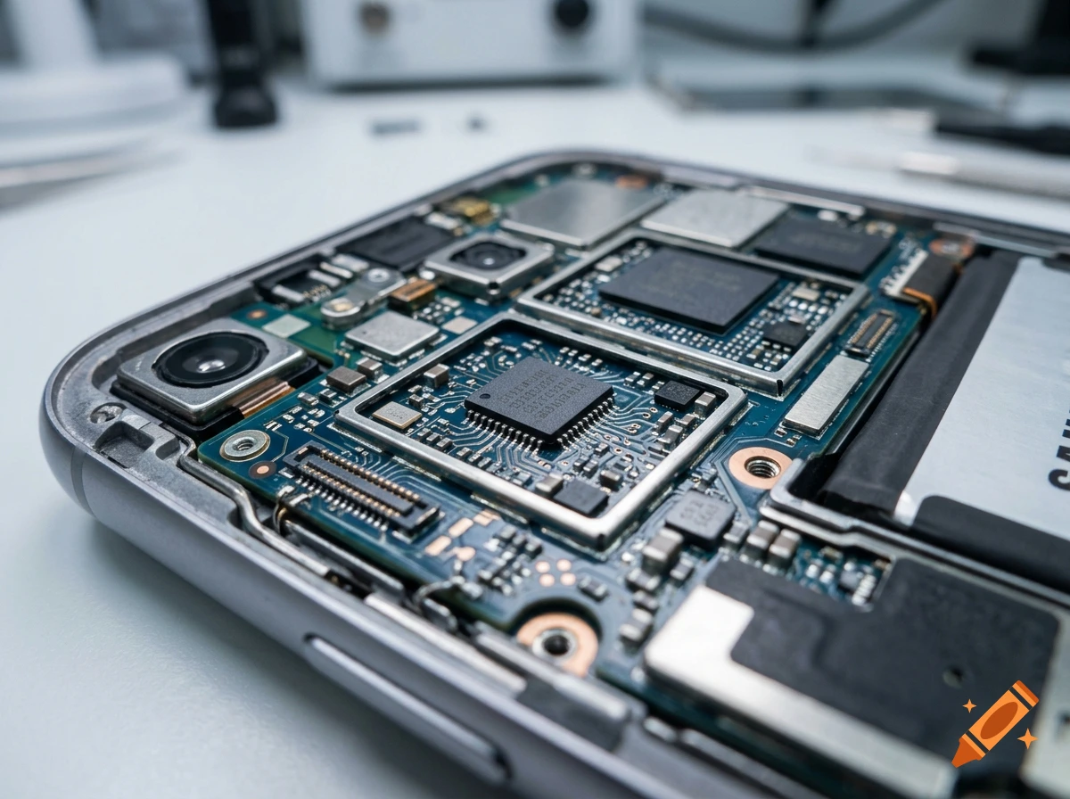 Close-up photorealistic shot of an open smartphone showing internal circuit boards, microchips, and components.