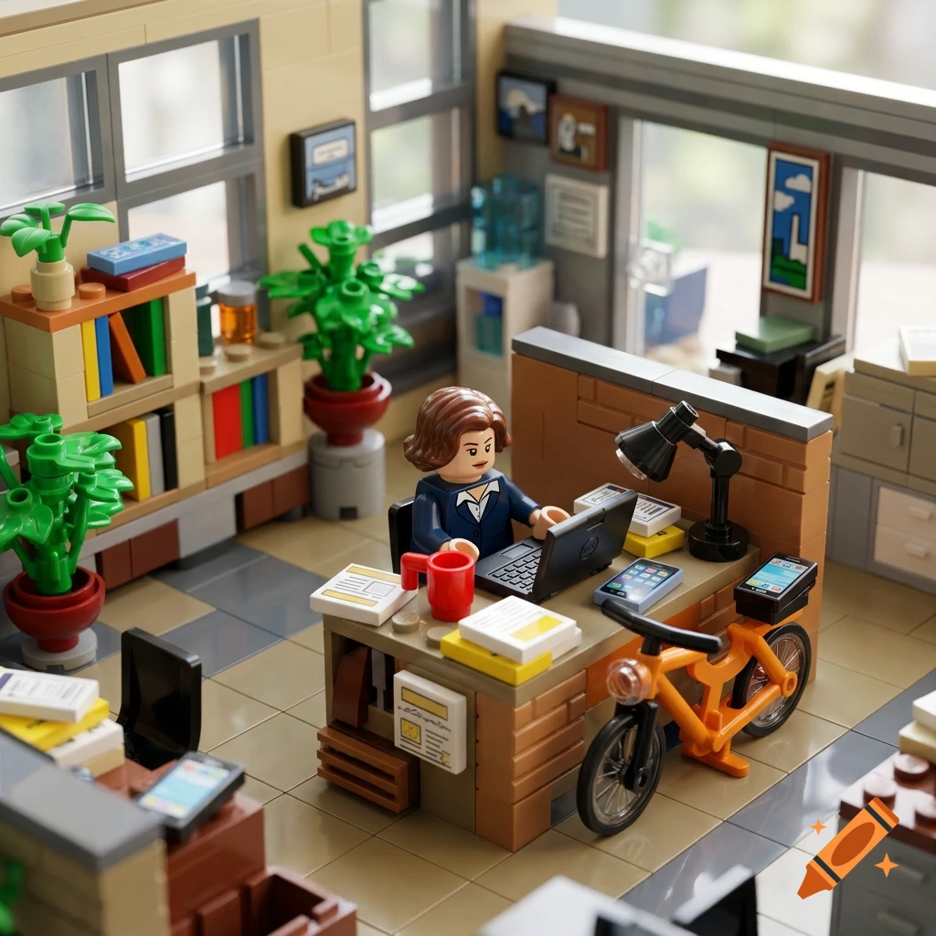 Lego office diorama featuring a minifigure at a desk with a laptop, bicycle, and plants.