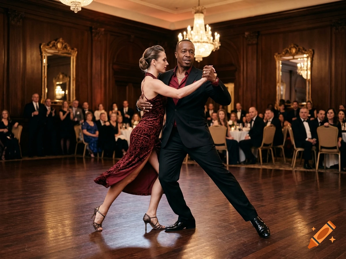 A man and woman dancing tango in a grand ballroom with wooden floors and crystal chandeliers.
