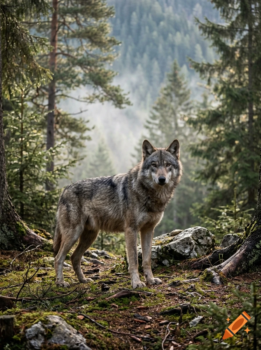A grey wolf standing in a lush pine forest with misty background trees.