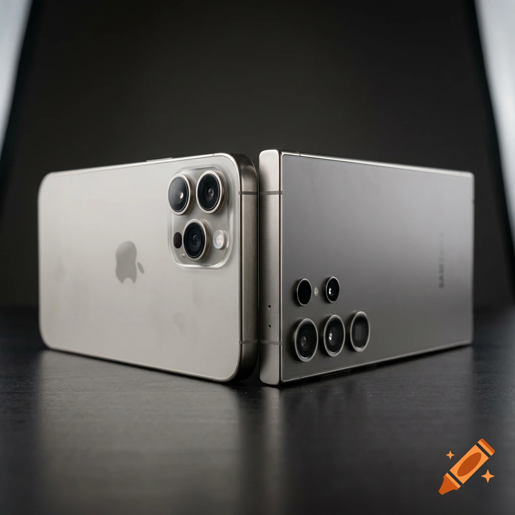 Photorealistic image of two modern smartphones, an iPhone and a Samsung, facing each other on a dark surface.