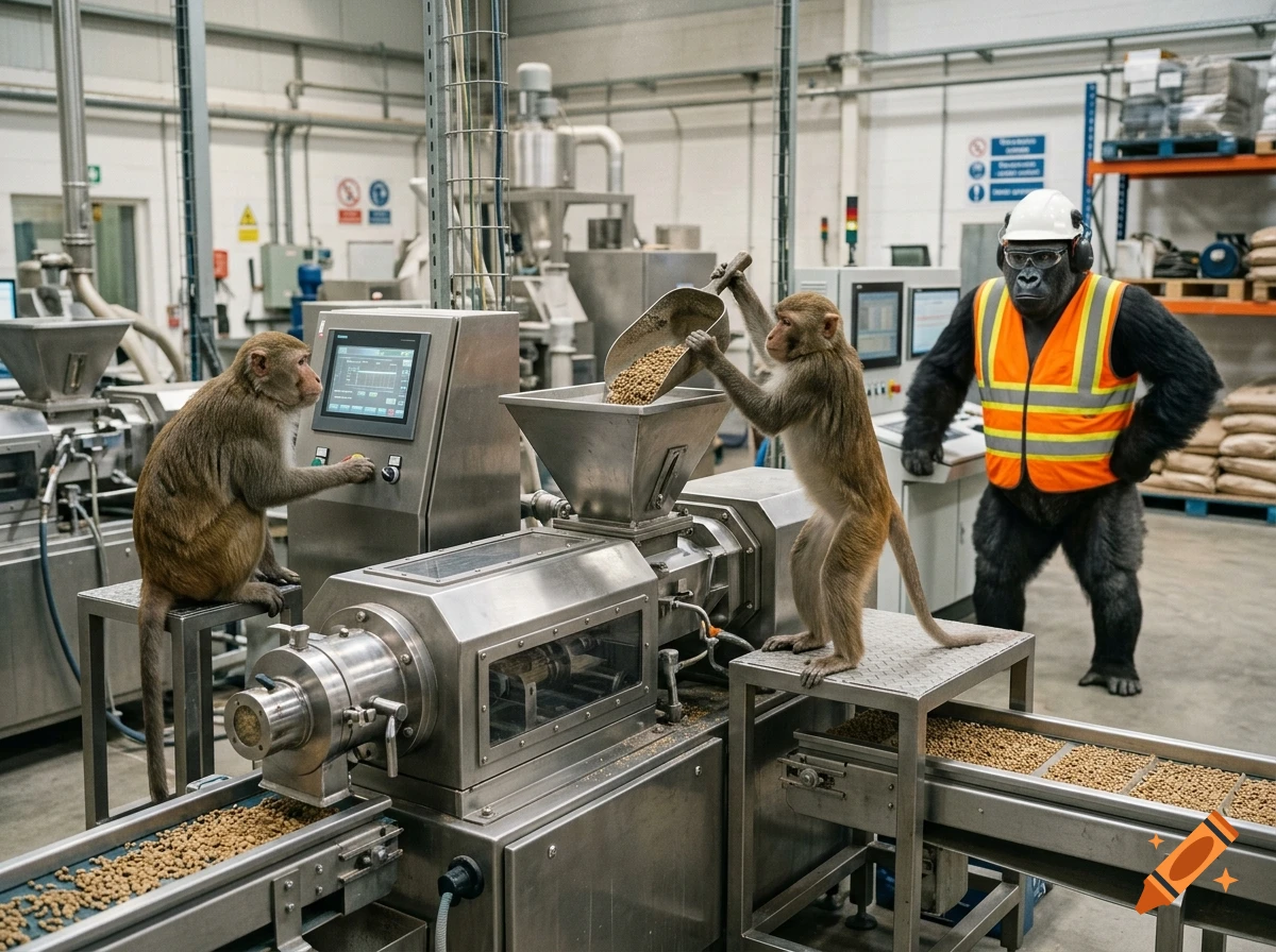 Two monkeys and a gorilla wearing a hard hat and safety vest operating machinery in a food processing factory.