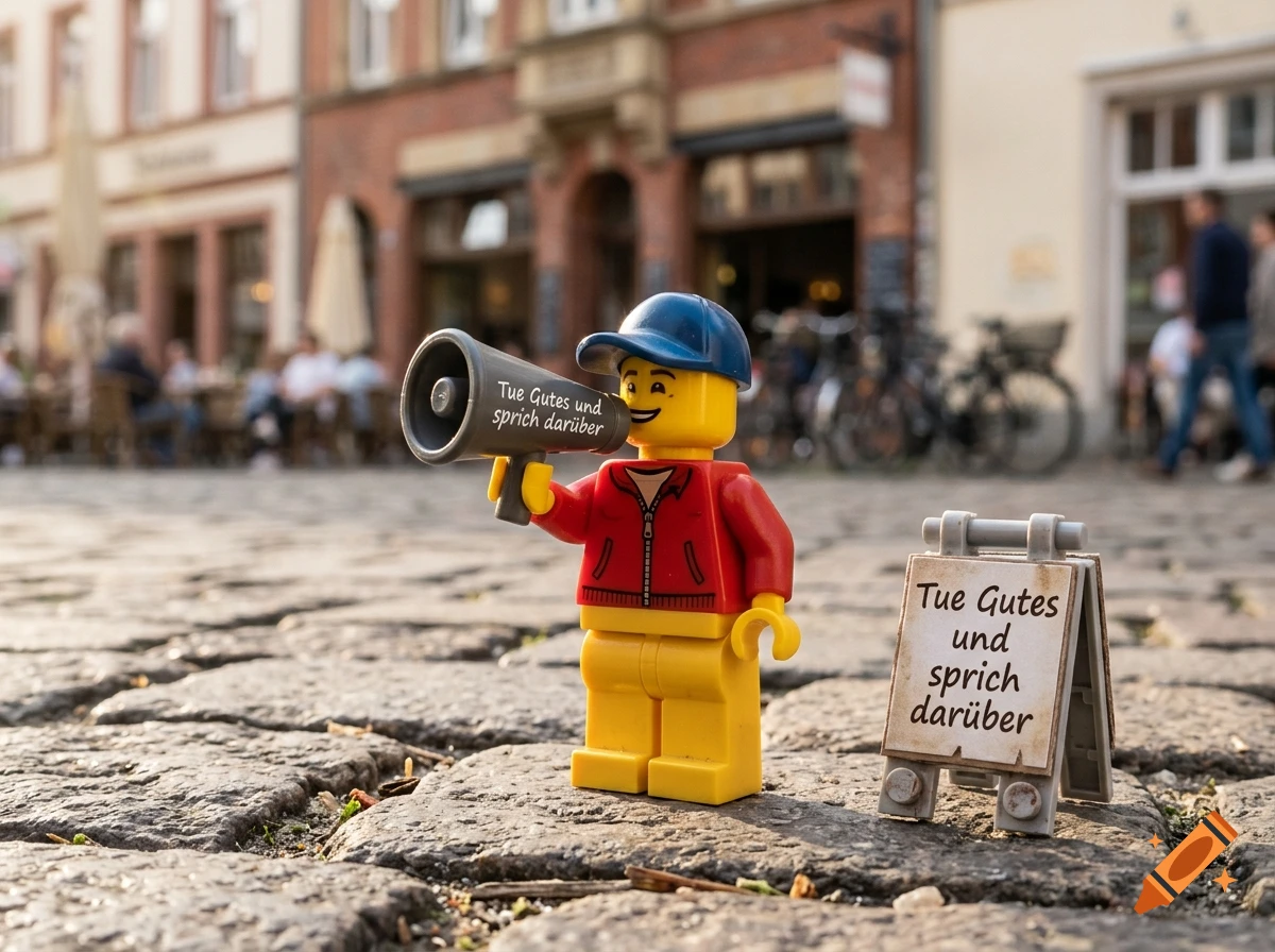 Close-up of a Lego minifigure holding a megaphone on a cobblestone street, with a sign reading 'Tue Gutes und sprich darüber'.