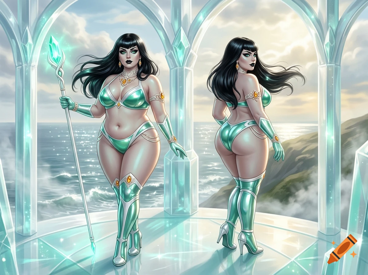 Digital illustration of two identical curvy women with black hair in shiny aqua green bikinis and boots, holding a staff in a crystal pavilion.