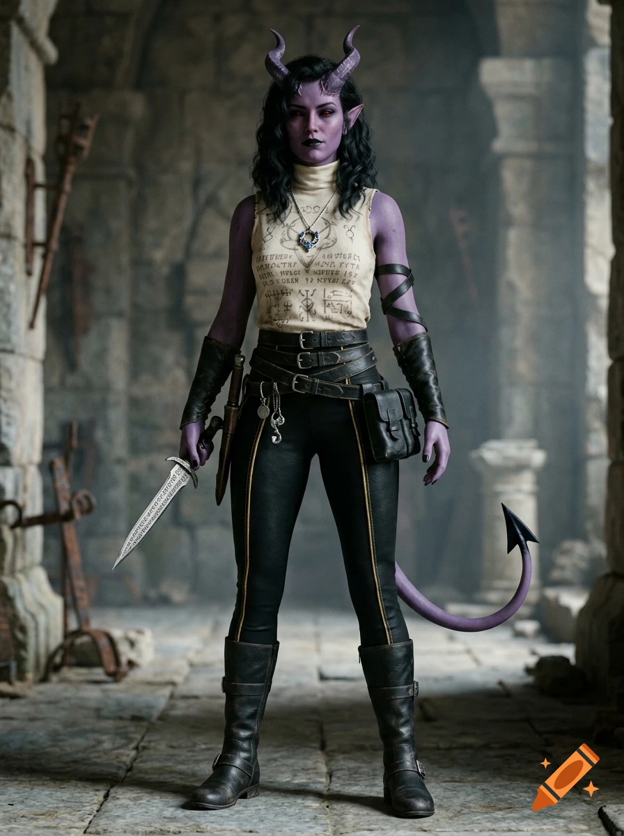 Photorealistic full-body shot of a purple-skinned female tiefling warrior with horns, a dagger, and demonic script on her shirt.