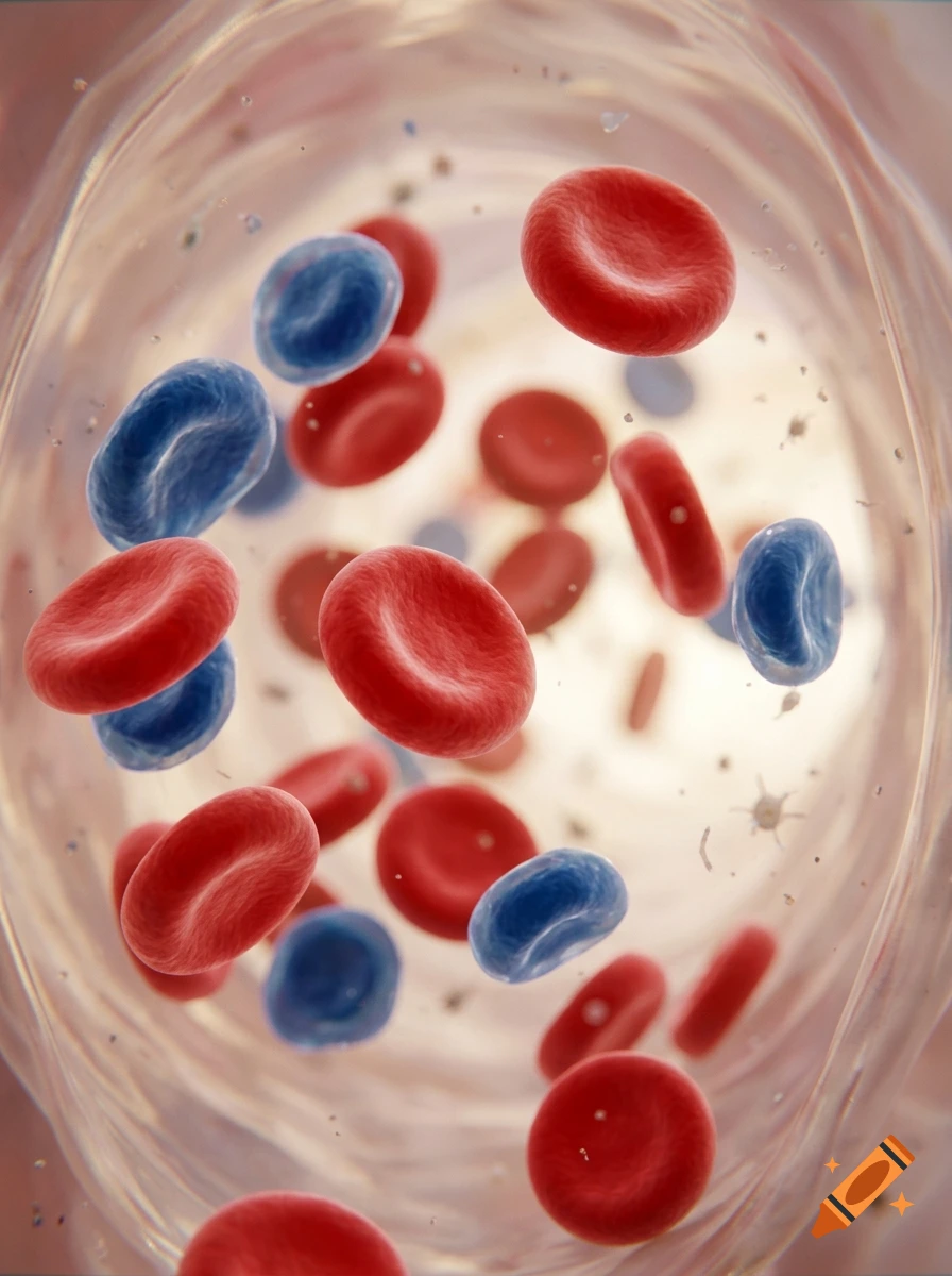 Photorealistic 3D render of red and blue blood cells flowing inside a blood vessel.