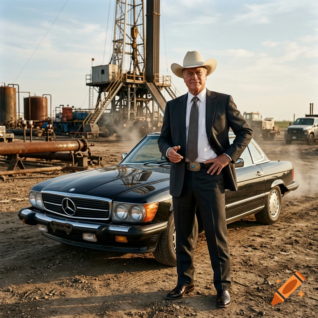 Photorealistic image of a man in a suit and cowboy hat standing in front of a black classic Mercedes and an oil rig.
