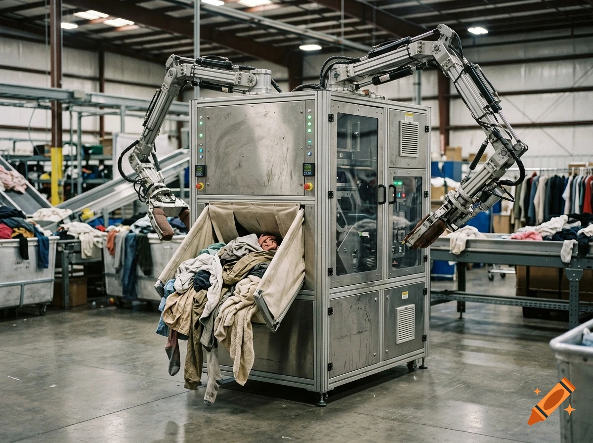 Photorealistic image of a futuristic industrial machine with robotic arms in a warehouse setting.