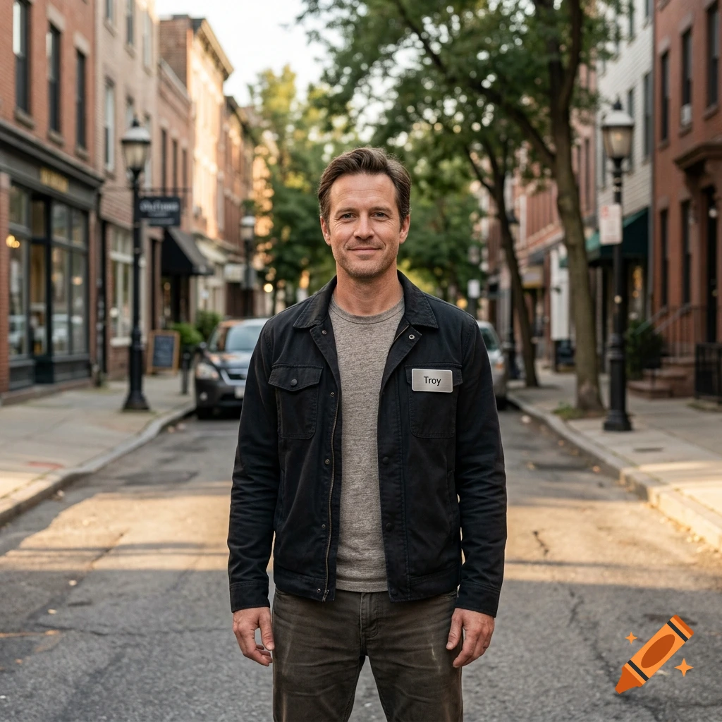 A man wearing a black jacket and name tag stands in the middle of a city street lined with traditional brick buildings and streetlamps.