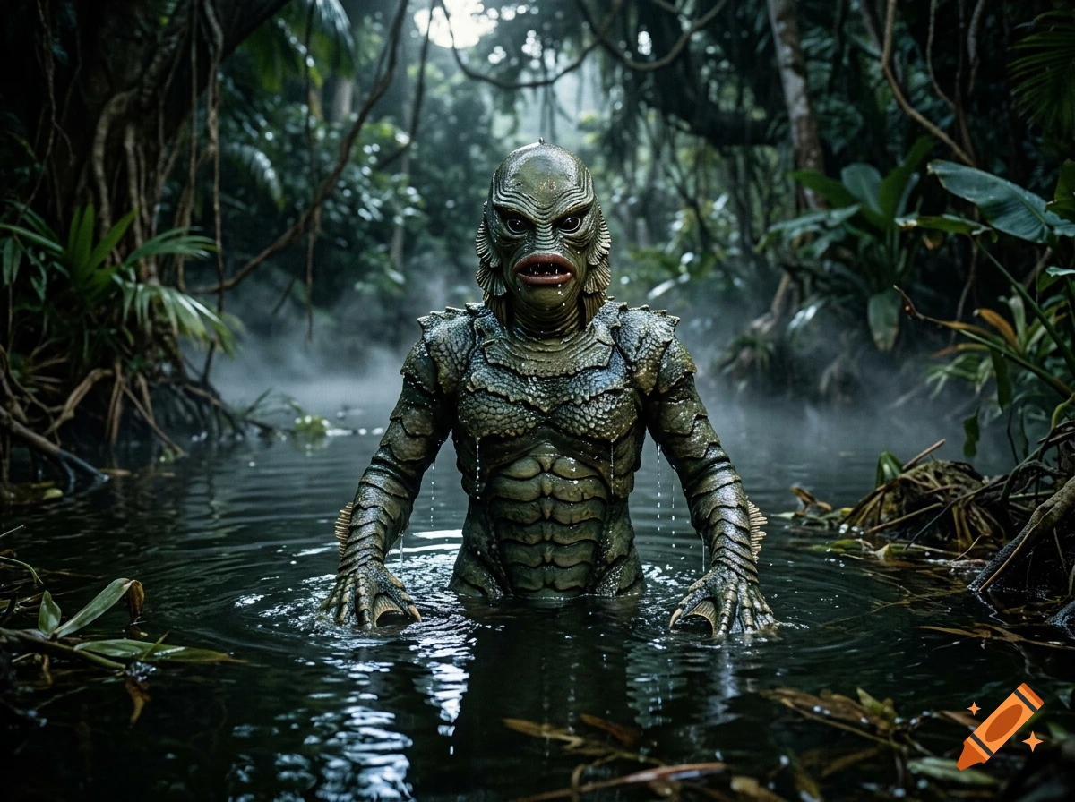The Creature from the Black Lagoon standing in a misty, dark jungle river, photorealistic style.