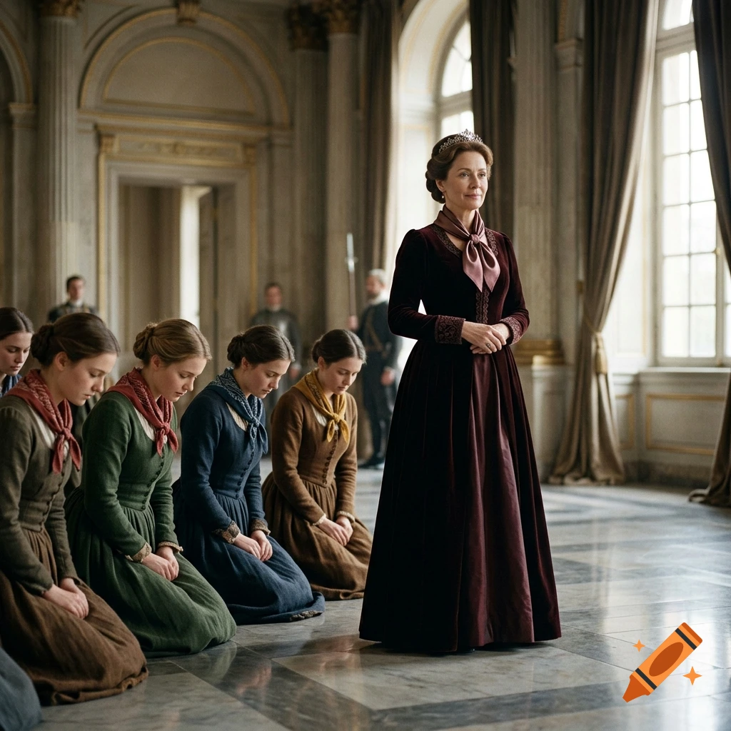 Photorealistic scene of a queen standing while several young women in historical dresses kneel and bow in a grand hall.