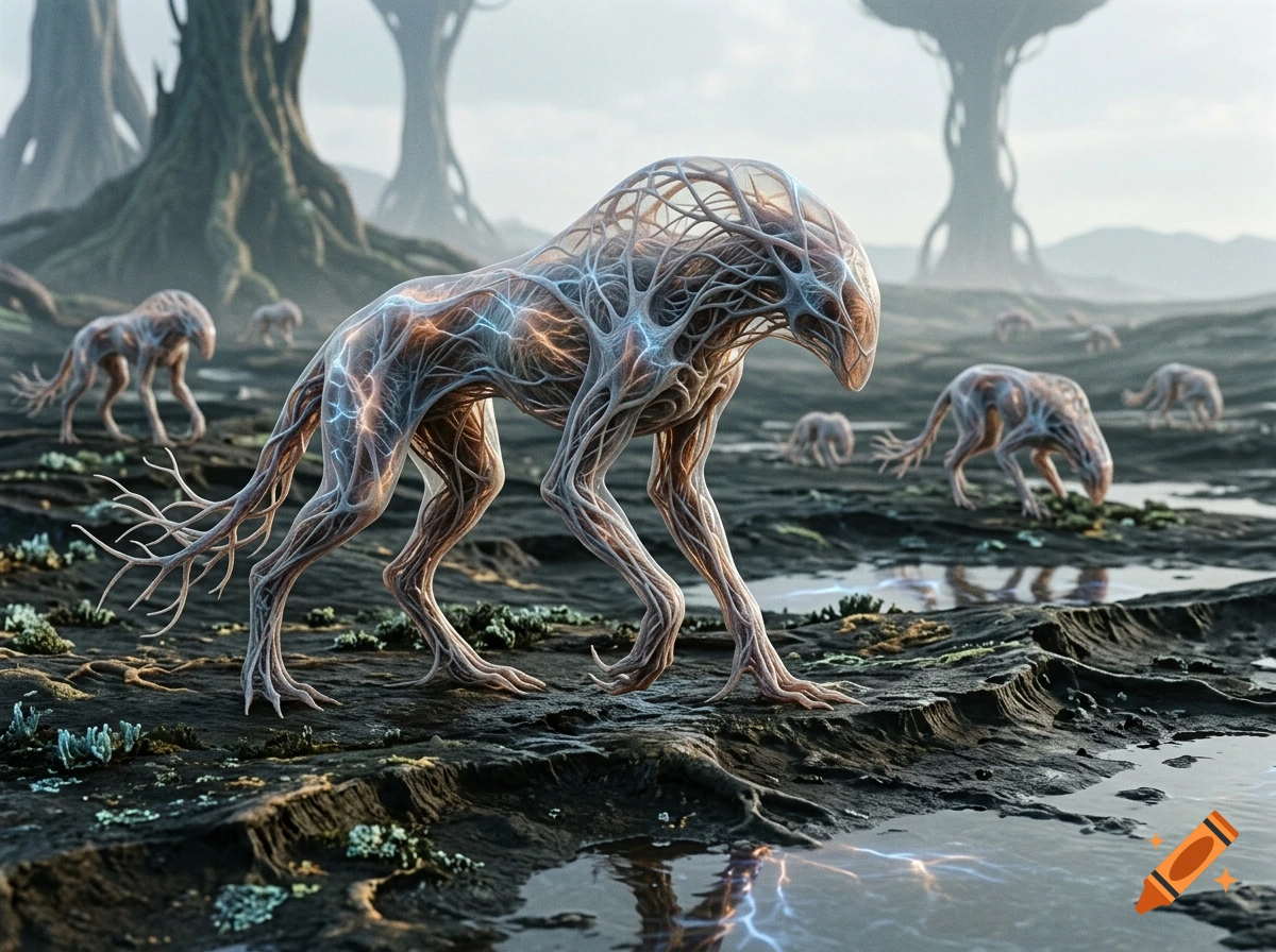 Photorealistic scene of alien creatures made of glowing neuron-like structures roaming a barren rocky landscape with giant trees.