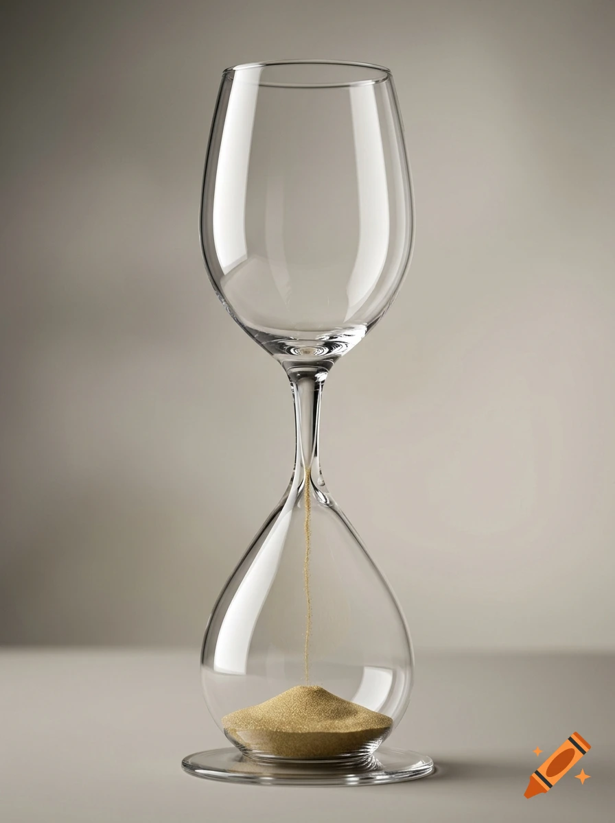 Photorealistic image of a wine glass transforming into an hourglass filled with golden sand on a neutral background.
