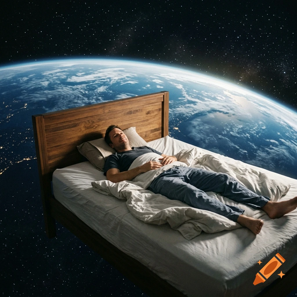 An adult man lying in a bed with a wooden headboard, floating in outer space with Earth and stars in the background. Photorealistic style.