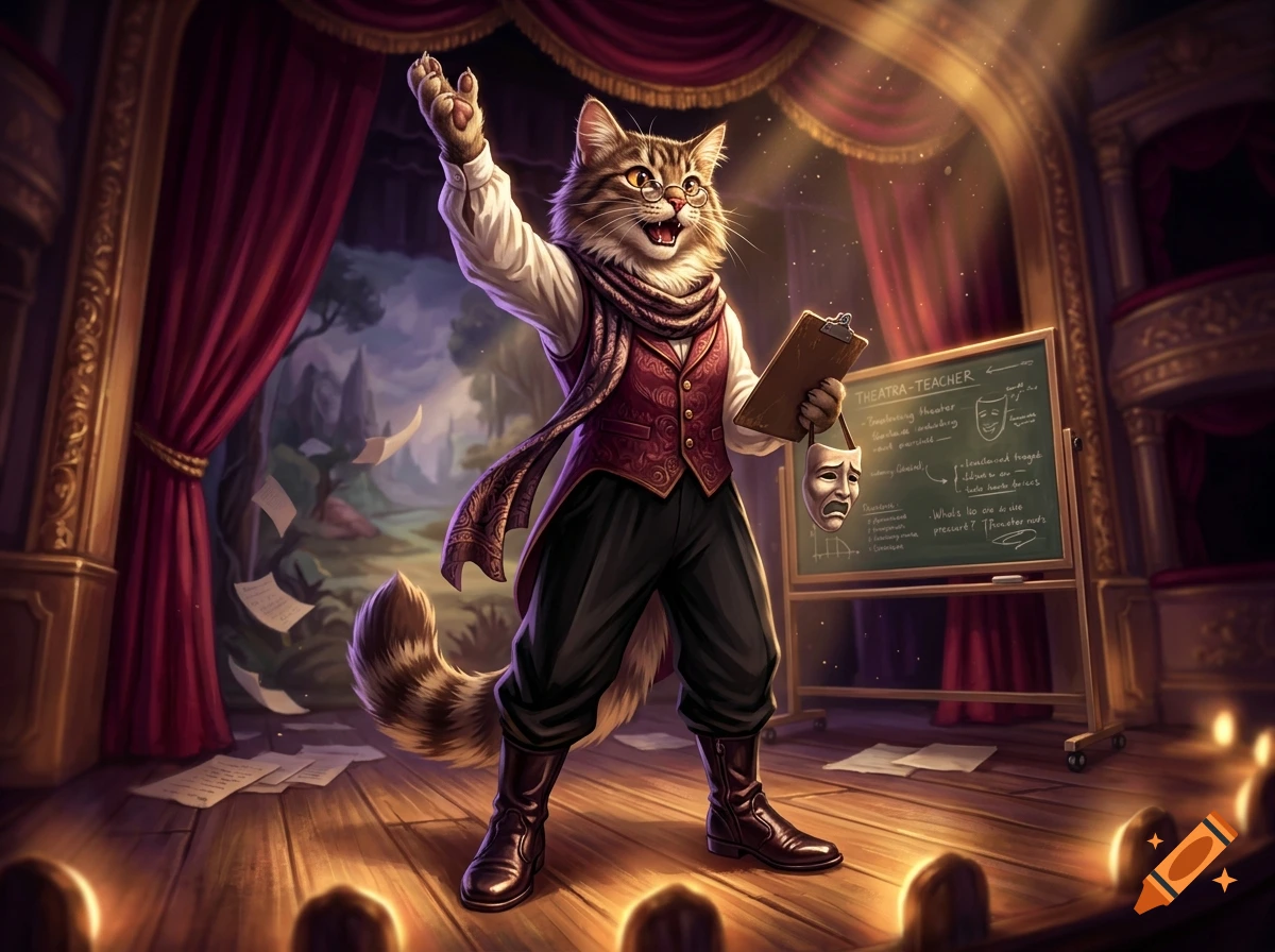 An anthropomorphic cat drama teacher with glasses and a vest on a theatrical stage holding a clipboard and drama mask, digital art.