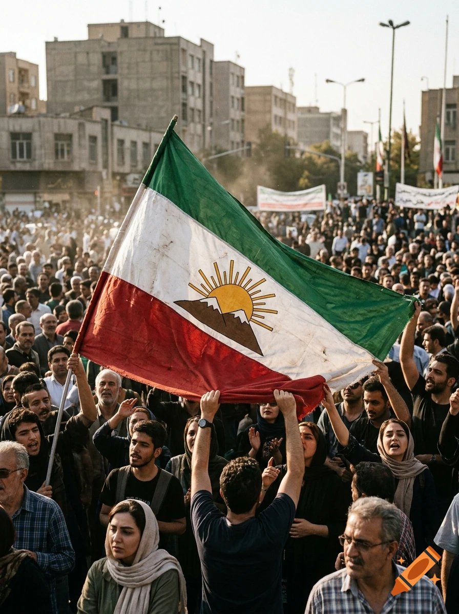 Crowd of protesters holding a redesigned Iranian flag with a sun and mountain emblem in a city street.