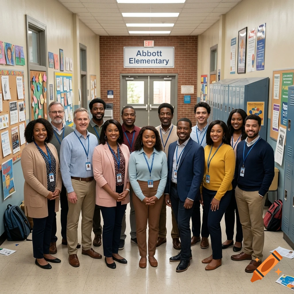 A group of teachers and staff posing for a photo in the hallway of Abbott Elementary.