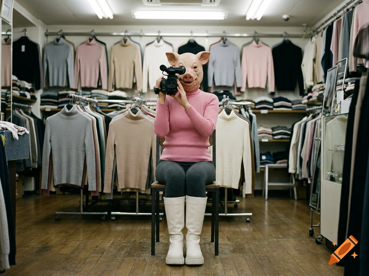 A person wearing a pig mask, pink turtleneck sweater, and white boots sits on a chair in a clothing store, holding a camcorder.