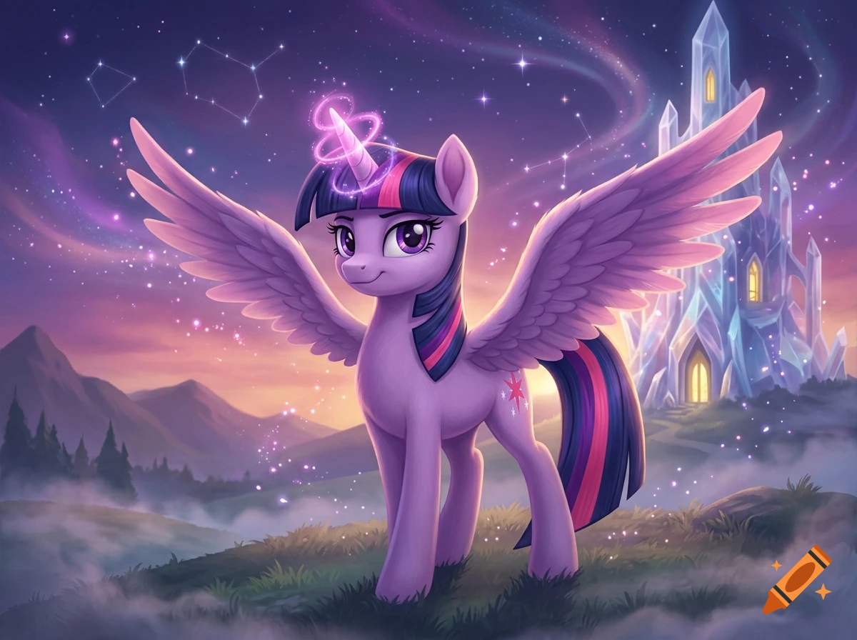 Digital illustration of Twilight Sparkle as an alicorn with wings and horn, standing in a field with a crystal castle in the background under a starry sky.