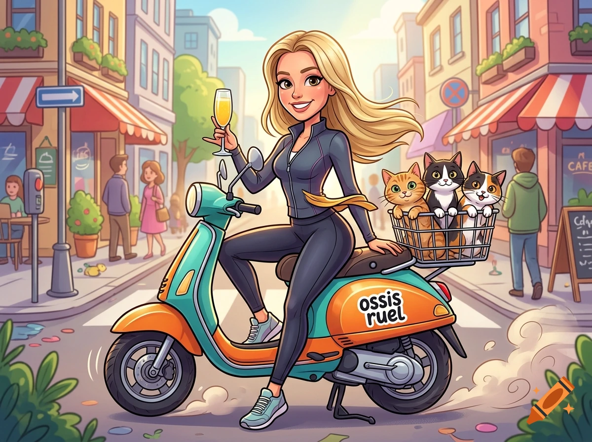 Cartoon illustration of a blonde woman riding a turquoise and orange scooter through a city street, holding a mimosa, with three cats in a basket on the back.