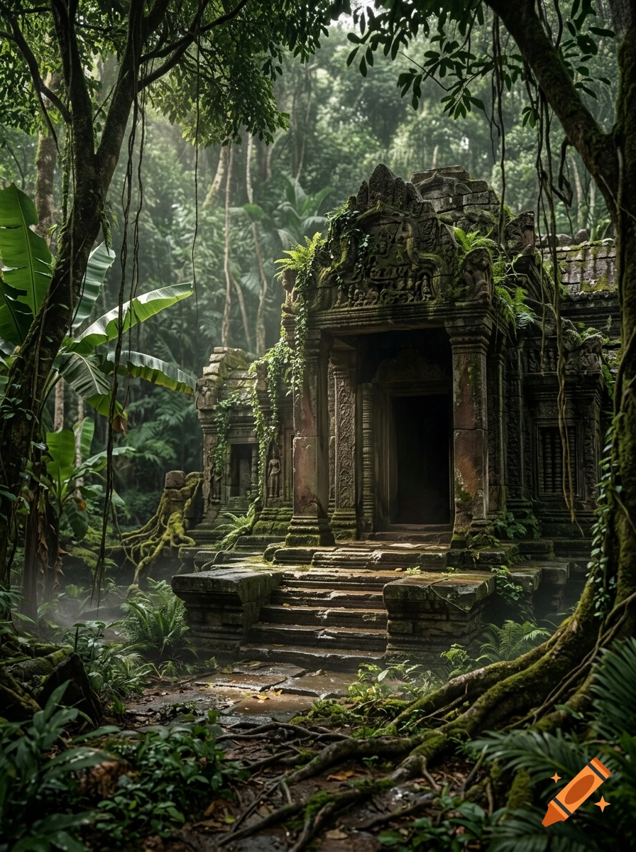 Photorealistic image of an ancient moss-covered stone temple hidden in a lush green jungle.