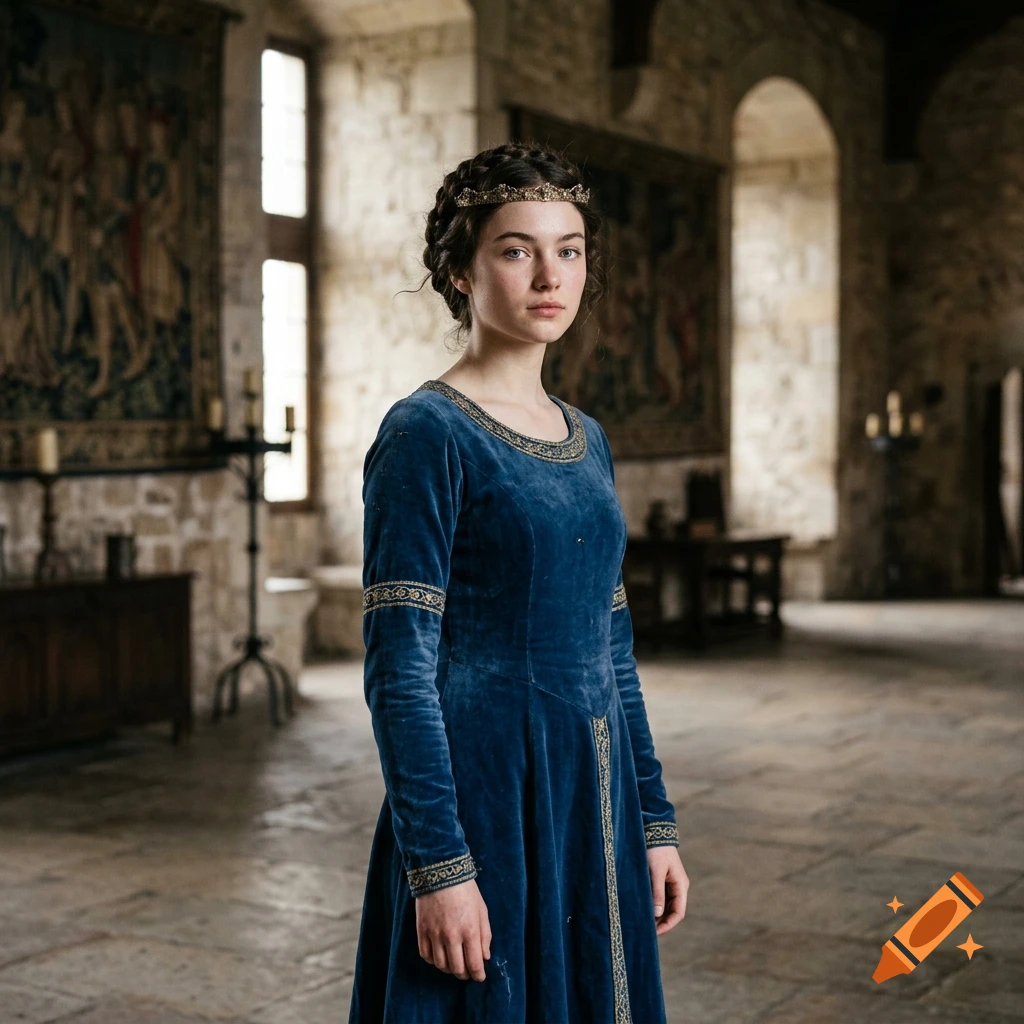 Photorealistic portrait of a young medieval princess with dark braided hair and a blue velvet dress in a castle hall.