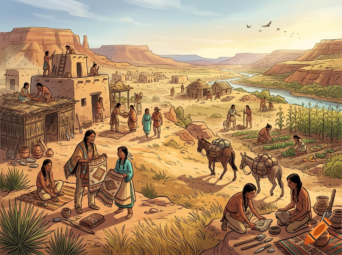 An illustrated historical scene depicts Native American people engaged in daily village life, including farming, weaving, trading, and pottery-making in an arid landscape with mesas and a river.