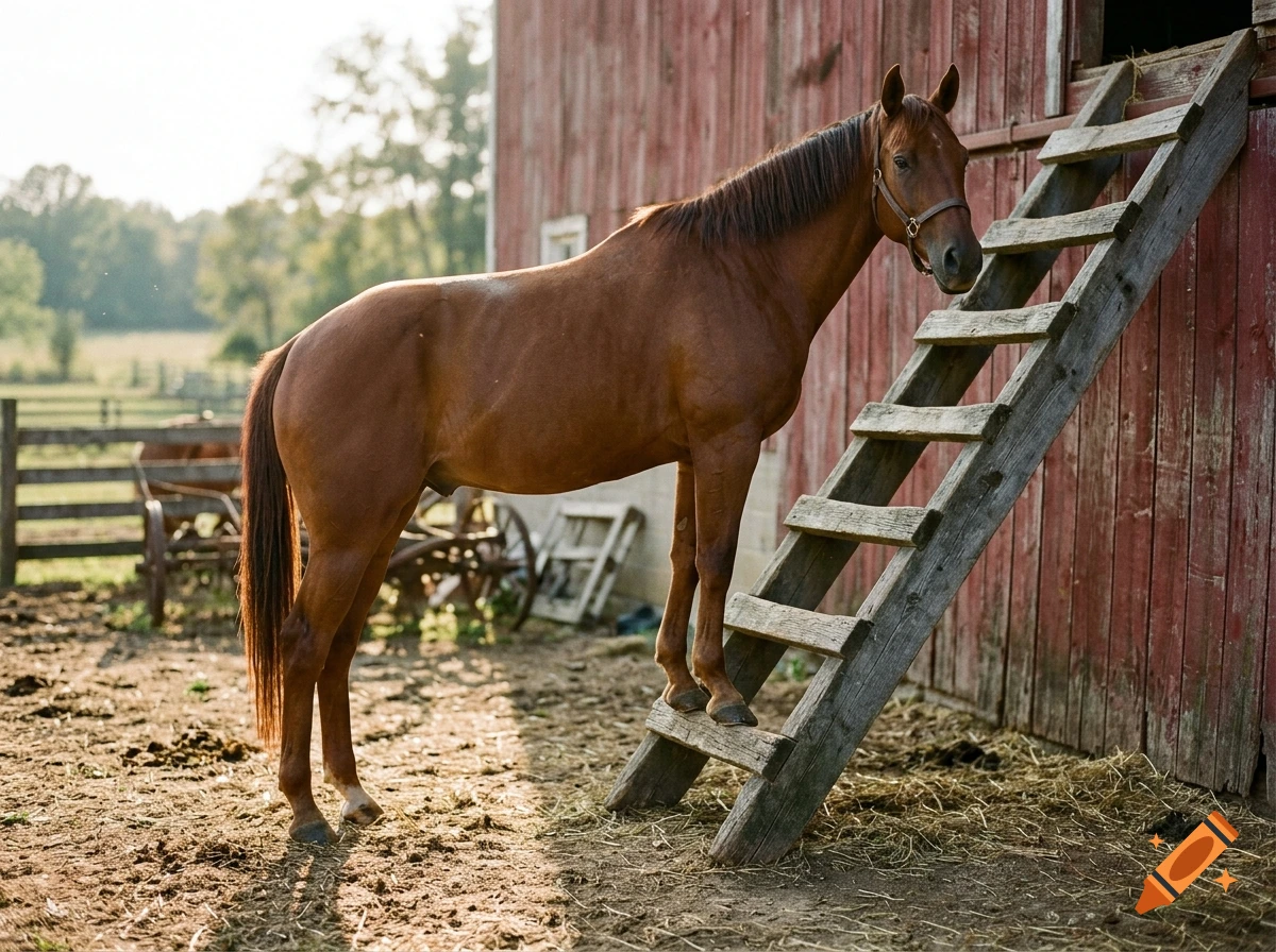 Photorealistic image of a brown horse standing with its front hooves on a wooden ladder leaning against a red barn.