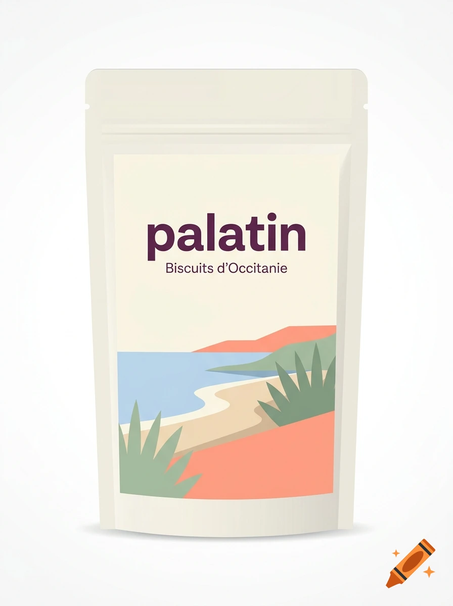 A minimalist packaging pouch with the brand name palatin and Biscuits d'Occitanie, featuring a vector art landscape of a beach.