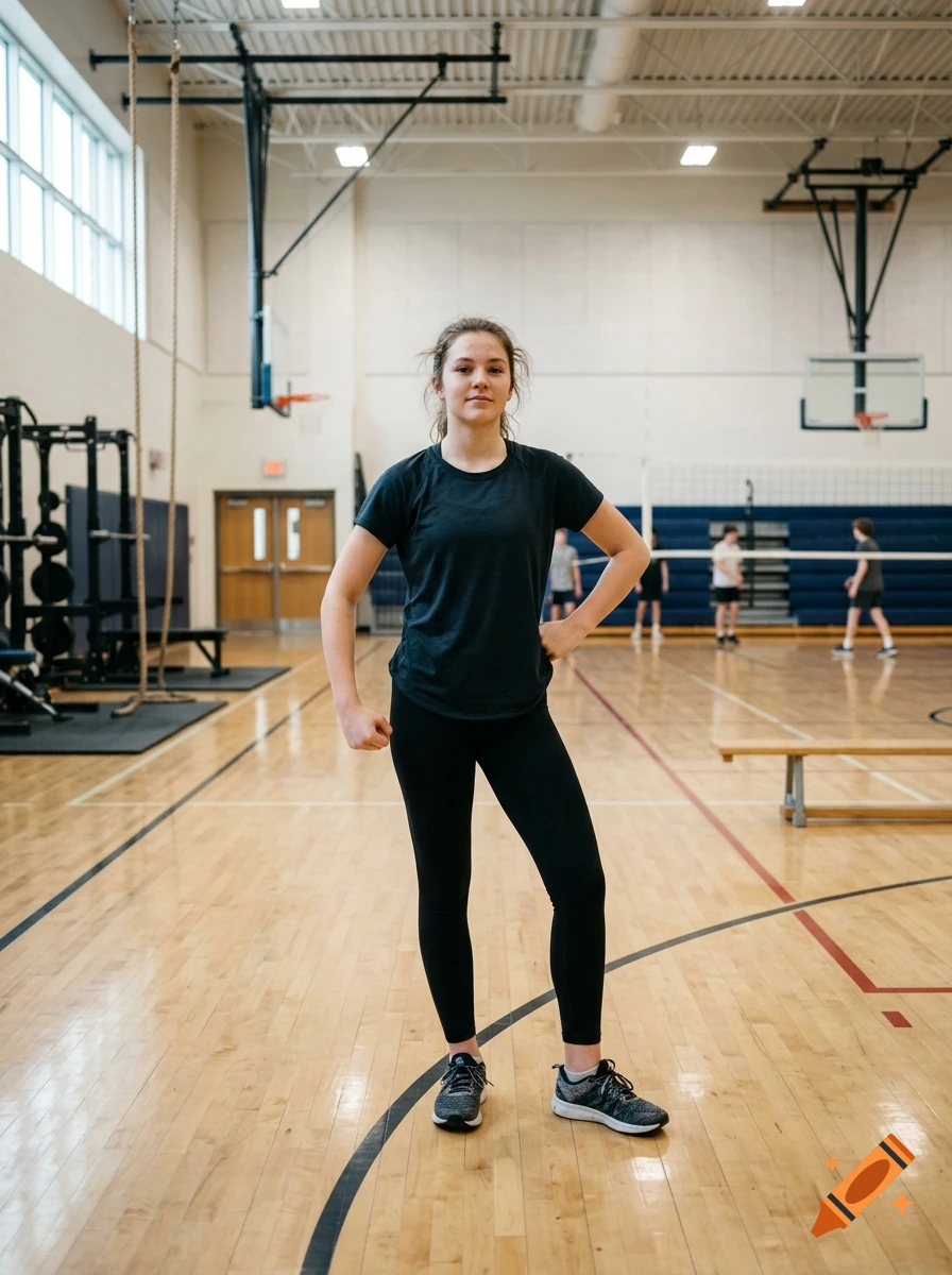 Photorealistic image of a teenage girl standing in a school gymnasium with basketball hoops and a volleyball net in the background.