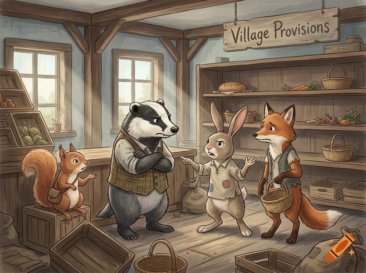 An anthropomorphic badger, rabbit, fox, and squirrel arguing inside a rustic wooden shop with shelves of provisions.