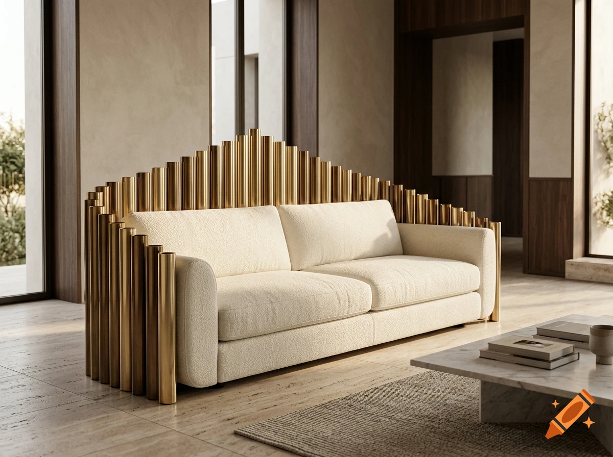 Photorealistic image of a modern beige sofa featuring an artistic brass organ pipe-style backrest in a contemporary living room.