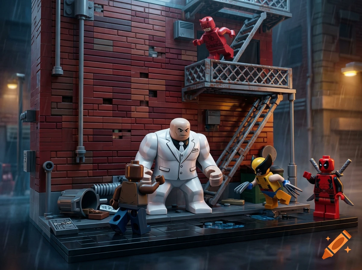 Lego diorama of Marvel characters Kingpin, Daredevil, Luke Cage, Wolverine, and Deadpool in a dark urban alleyway.