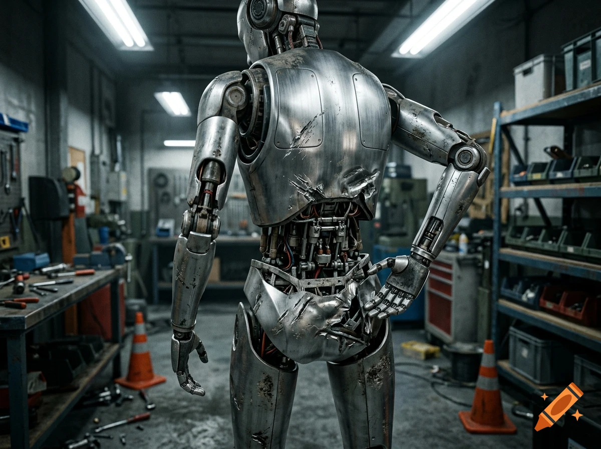Photorealistic back view of a metallic robot with dents standing in a cluttered workshop.