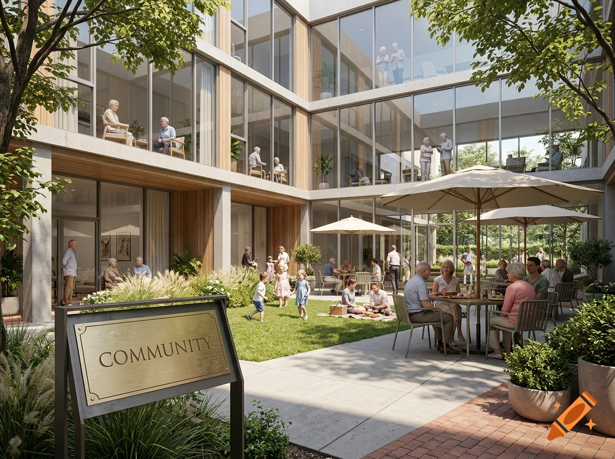 Photorealistic atrium with senior residents in balconies, children playing on the lawn, and people picnicking at outdoor tables.