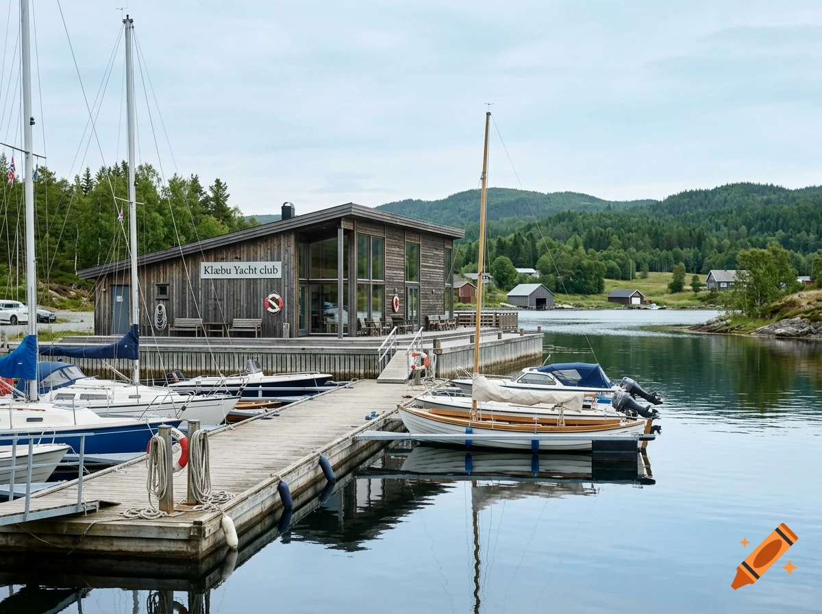 Photorealistic view of Klæbu Yacht club with wooden building, docks, sailboats, and calm water under a cloudy sky.