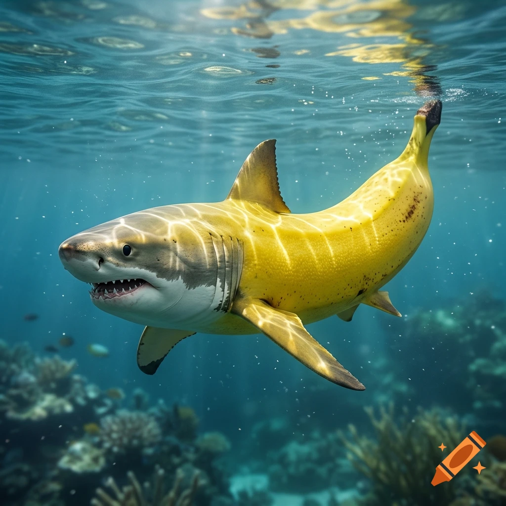 A surreal shark with the body of a ripe yellow banana swims underwater in a sunlit ocean.