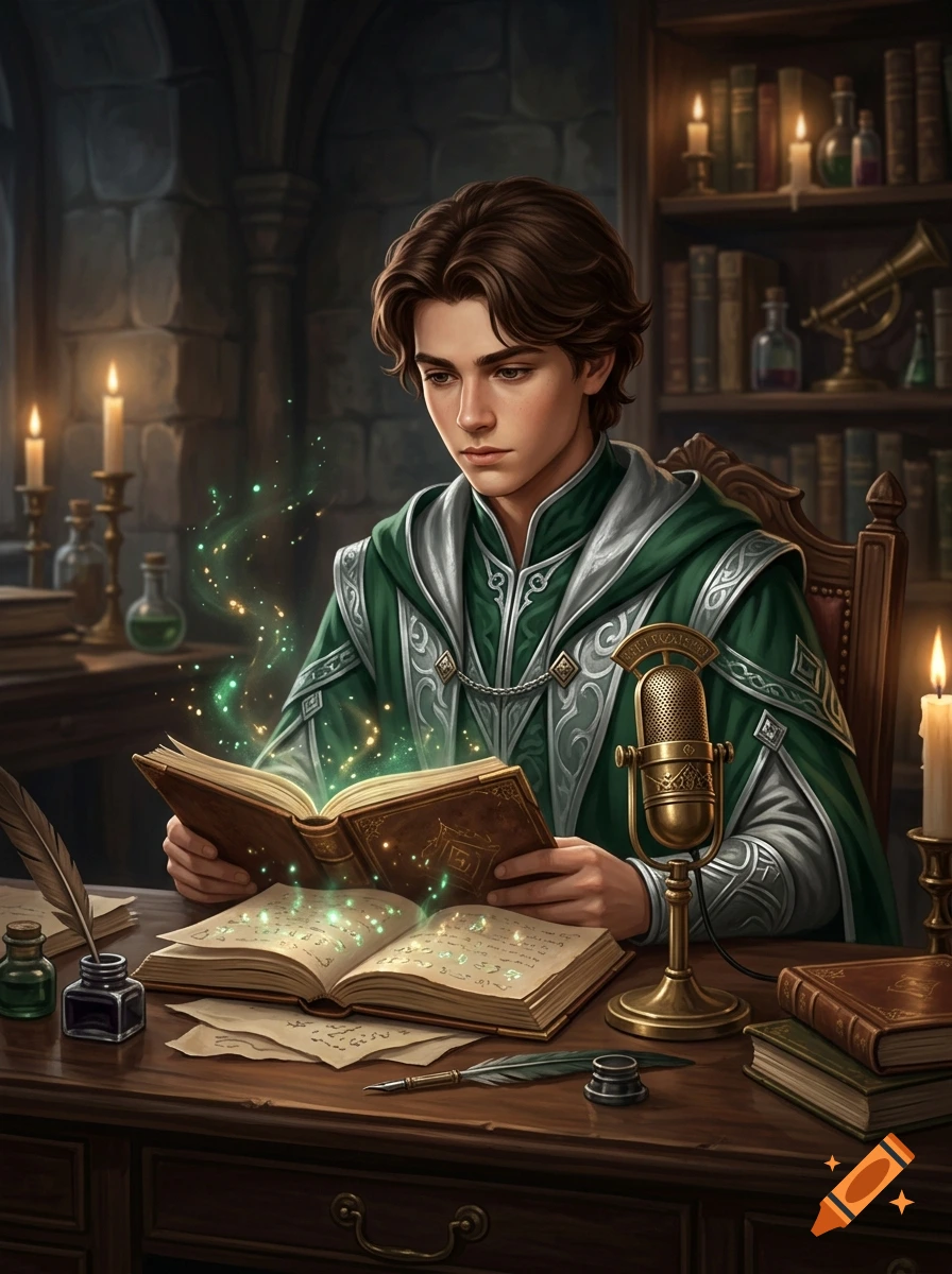 A young wizard in a green robe sits at a wooden desk in a library, reading a glowing book next to a vintage microphone, digital illustration.