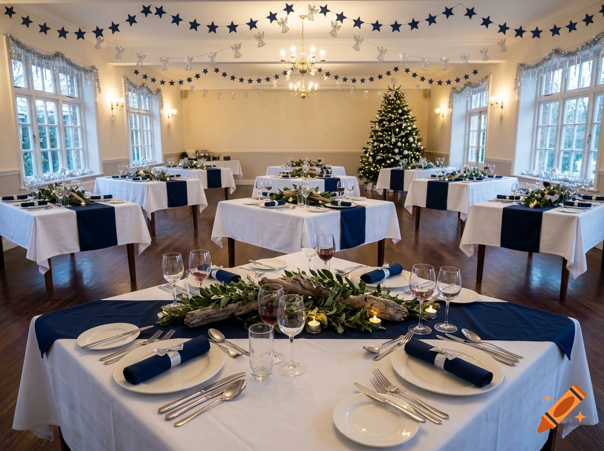 Photorealistic banquet hall decorated for a Christmas party with tables, dark blue runners, and a Christmas tree in the background.