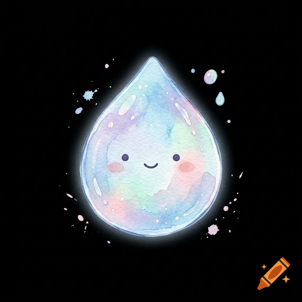 A cute watercolor water droplet character with a smiling face, glowing against a black background.