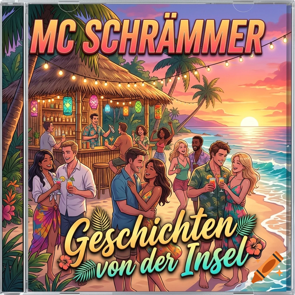 CD cover illustration of happy people at a beach bar at sunset, with text MC Schrämmer and Geschichten von der Insel.