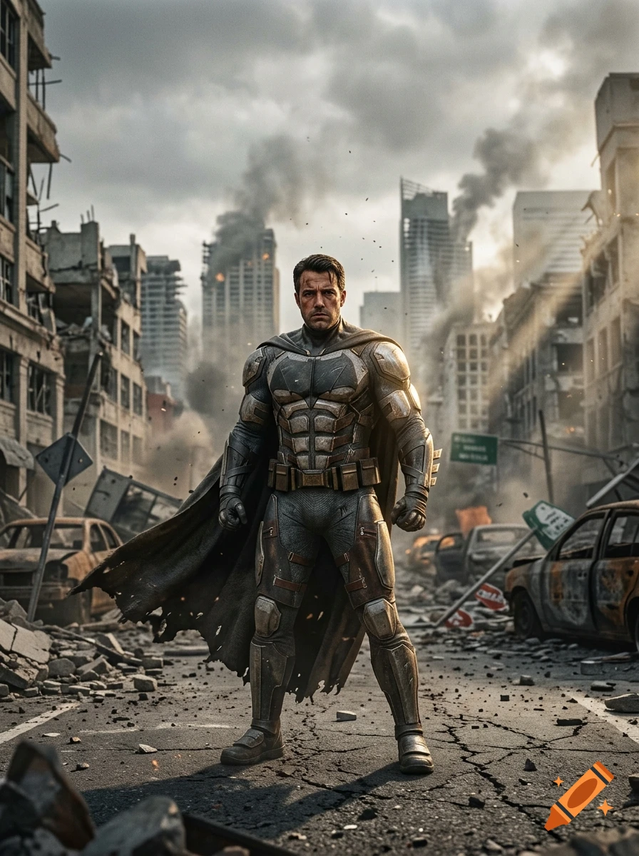 Photorealistic image of a superhero in armored tactical suit standing in the middle of a ruined, smoky city street.