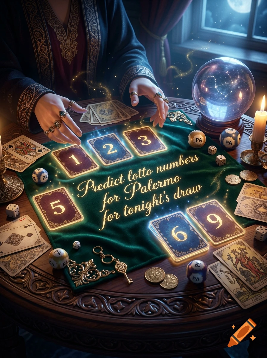 A fortune teller's table with cards, dice, lottery balls, and a crystal ball, displaying text predicting lotto numbers.