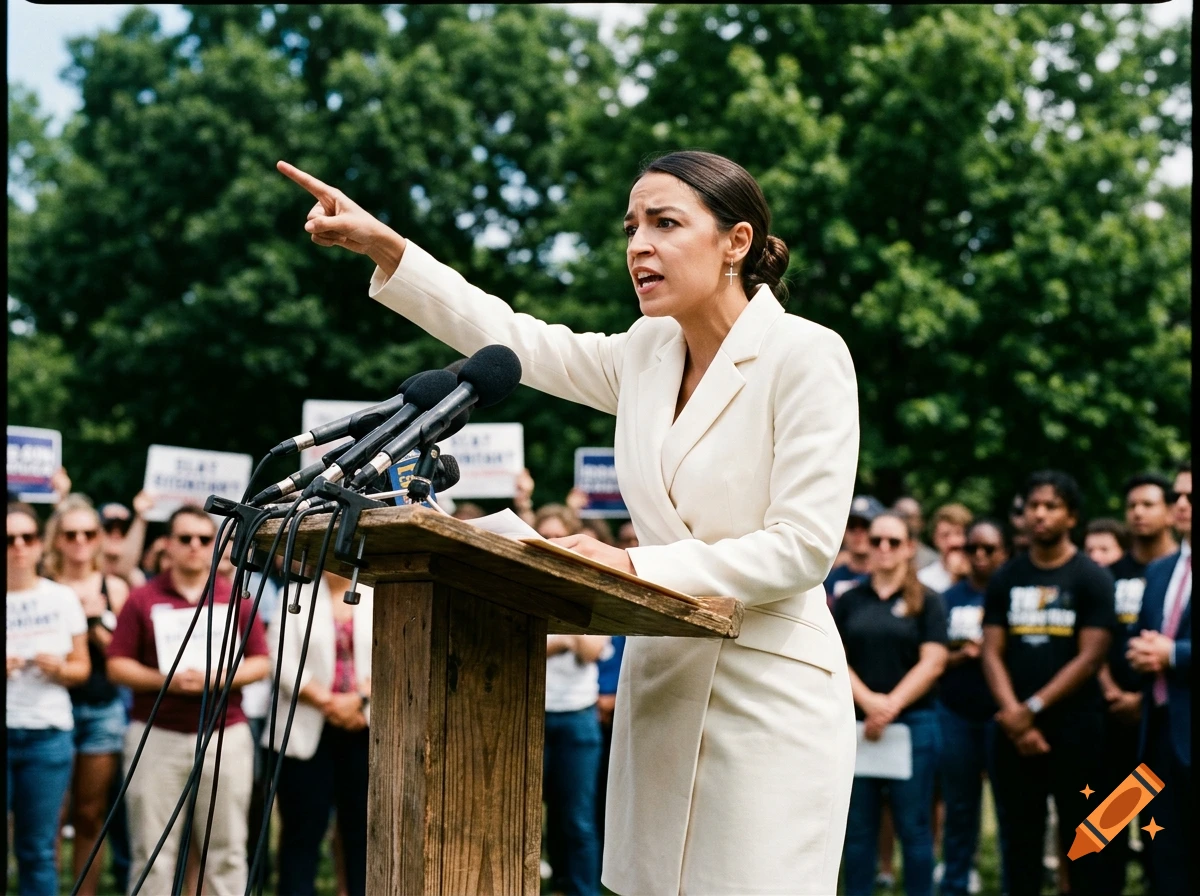35mm film photo of a female politician speaking passionately at a podium, pointing upward in front of a crowd.