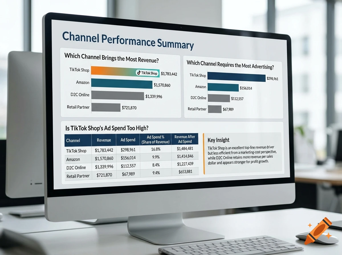 A computer monitor displaying channel performance summary charts and data tables on a desk in an office setting.