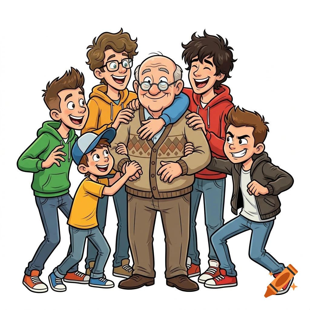 Colorful comic drawing of a cheerful grandfather surrounded by his five grandsons.