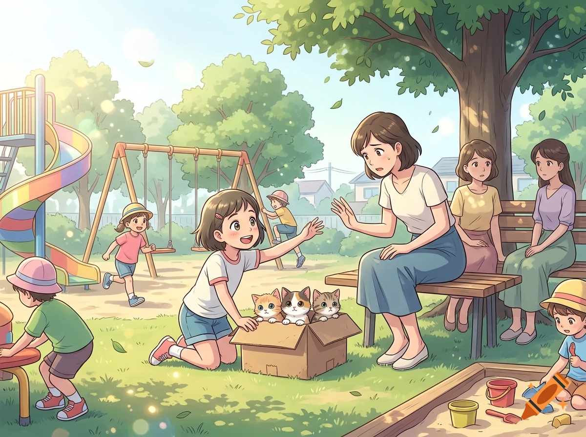 Anime style illustration of children playing in a park while a girl shows three kittens in a box to a woman on a bench.